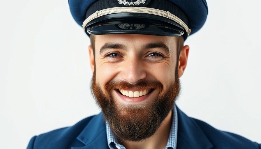 Friendly bearded man wearing captain's hat smiling confidently.