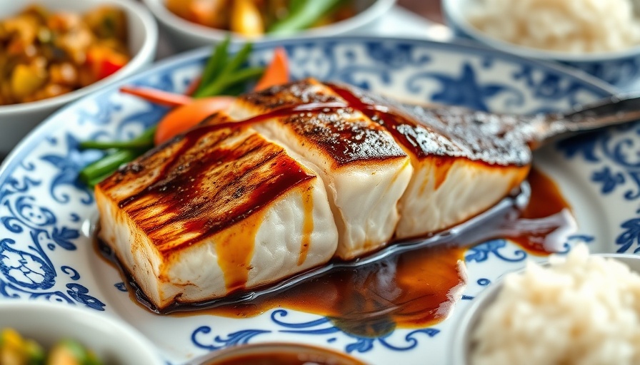 Glazed miso sea bass recipe on a decorative plate with sides.