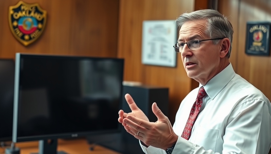 Professional man in office explaining by desk monitor, Oakland Police setting.