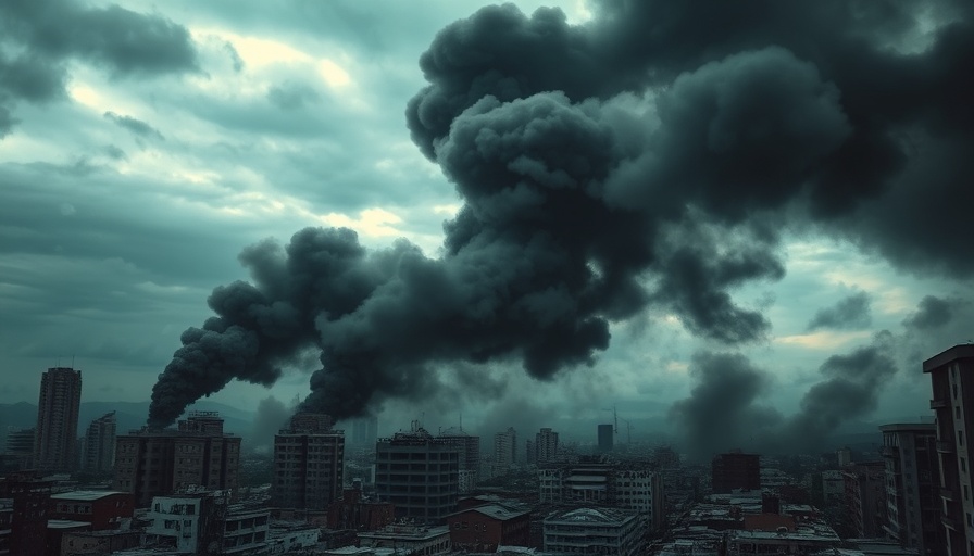 Smoke and destruction in an urban area depicting conflict aftermath.