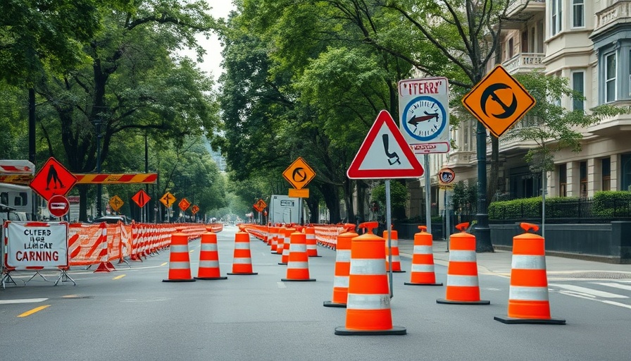 Construction site on Alameda Central Avenue with signs and cones