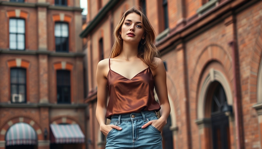 Stylish woman in fall neutrals fashion stands confidently on a city sidewalk.