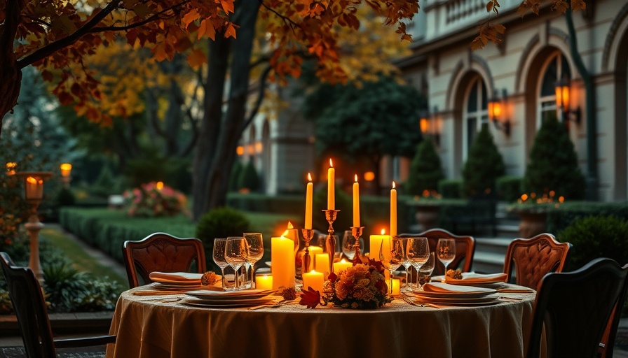 Luxurious fall tablescape lit by candles in an elegant outdoor setting.