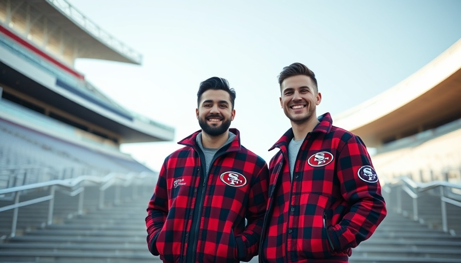 Stylish duo in 49ers Pride Capsule Collection on stadium steps.