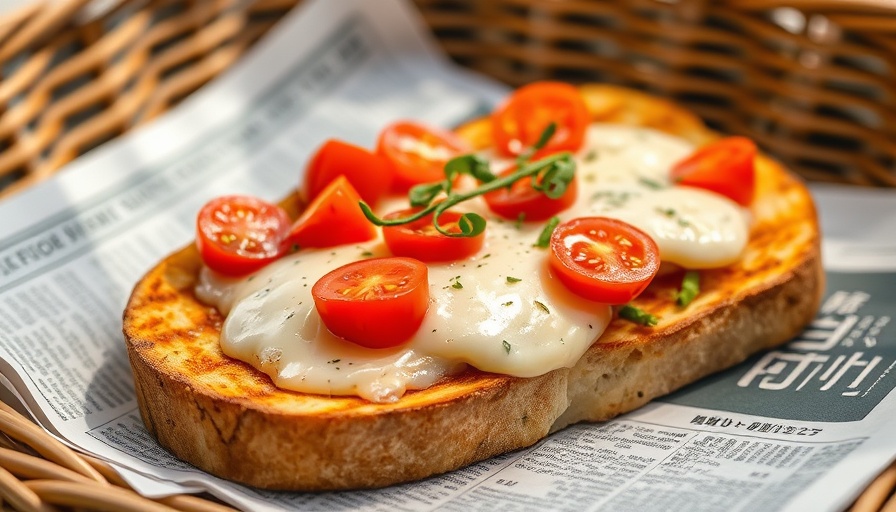 Japanese pizza toast with melted cheese and toppings in a wicker basket.