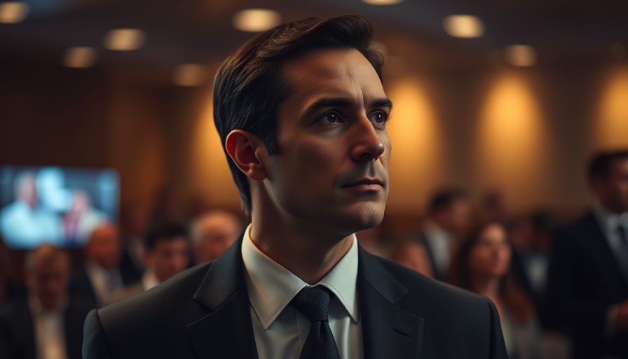 Somber man focused at a formal event in a cinematic setting.
