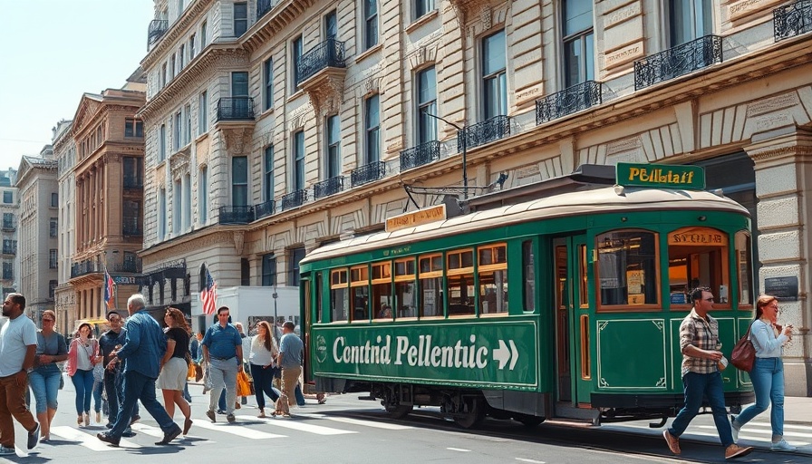 Urban street scene with green trolley and pedestrians, University of California Nobel Prizes