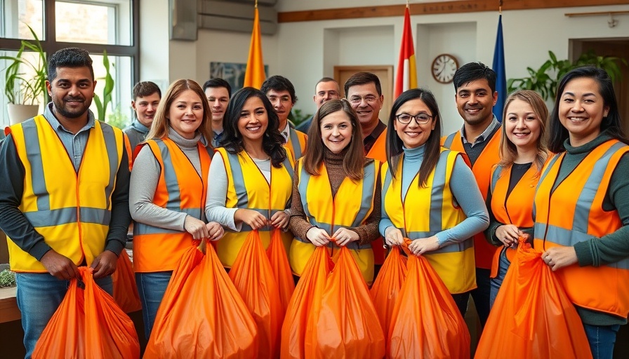 Volunteers at Manny's Neighborhood Trash Cleanup, smiling in safety vests.