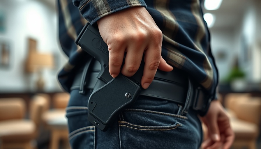 Holstered handgun in focus in casual indoor setting.
