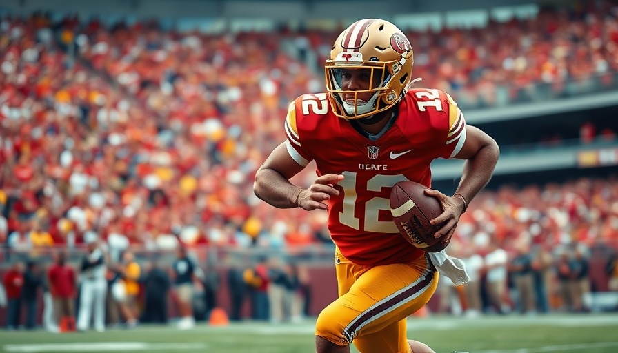 Football player in red and gold runs on the field.