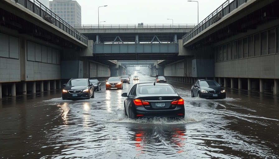 Flooded underpass in Bay Area with cars driving cautiously.