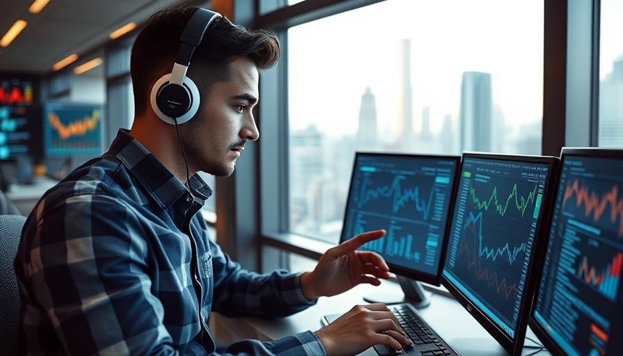 Person analyzing technology trends on multiple screens, cityscape view, 2026 Technology Trends.