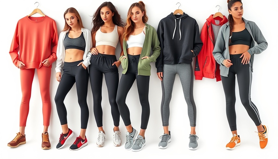 Trendy workout brand collage with stylish apparel and shoes.