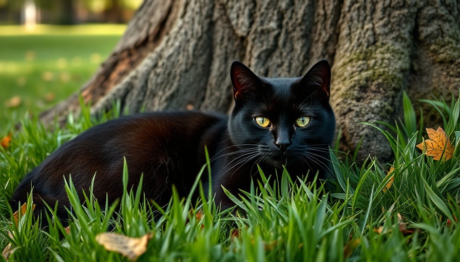 Black cat resting by tree trunk in grass, symbolizing coping with pet loss.