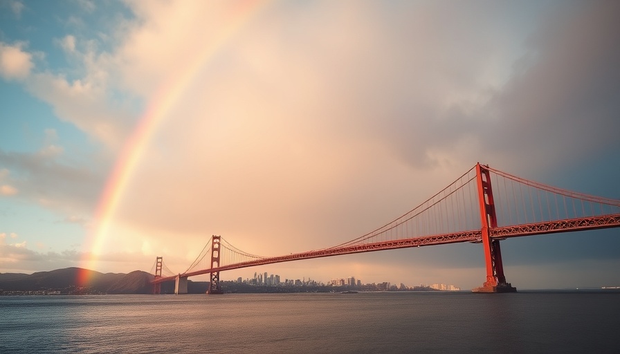 Rainbow over San Francisco Bay Bridge with clouds and serene water.