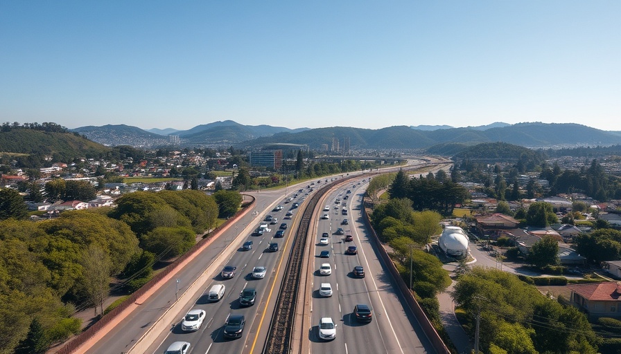 Aerial view of Bay Area freeway traffic, green hills, clear sky.