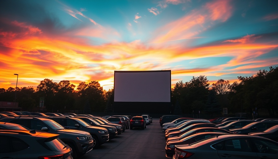 Vibrant drive-in movie night scene at sunset with parked cars.