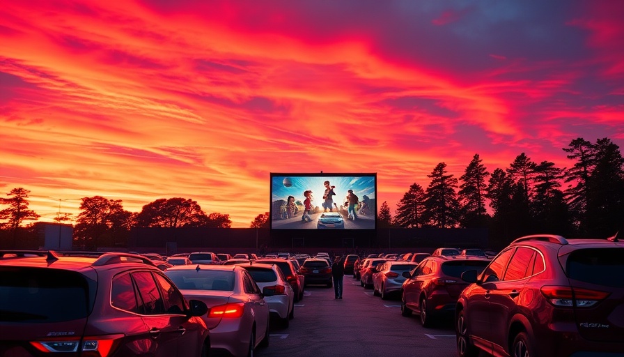 $6 Drive-In Movie Night at sunset, cars under vibrant sky.