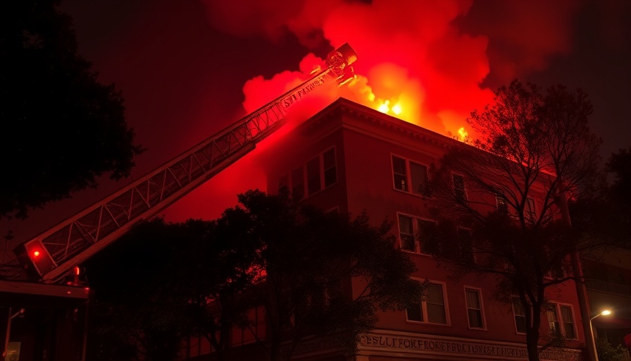 Fire scene in San Francisco's Marina District at night with smoke and ladder.