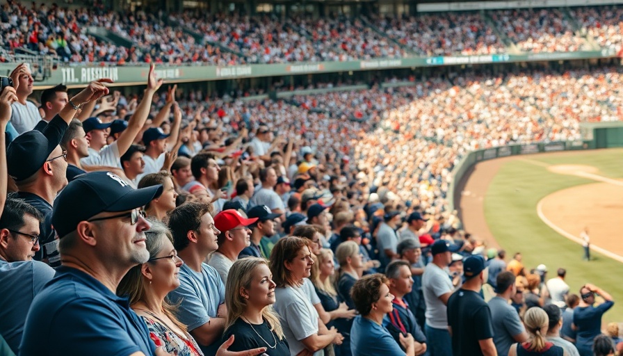 Cheerful crowd attending a packed baseball game.
