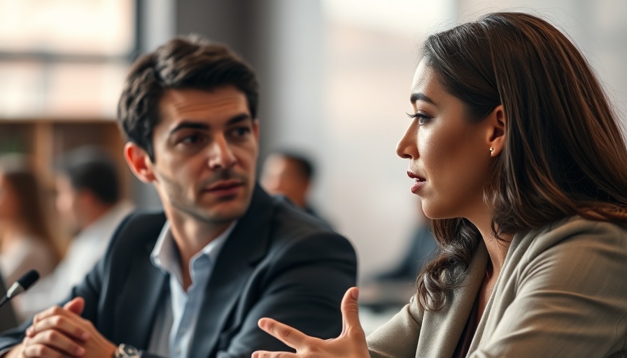 Focused debate scene with two individuals discussing.