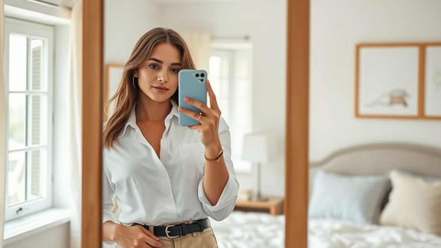 Woman wearing classic white shirt, posing for a selfie in a well-lit bedroom.