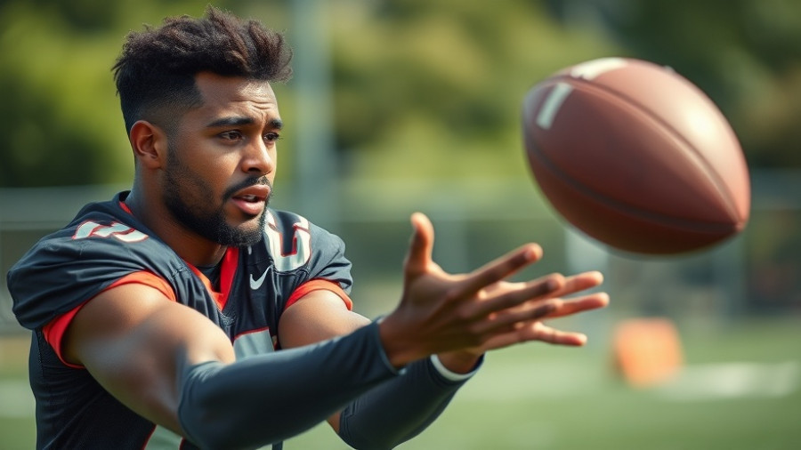 Dynamic image of football player at practice focusing on catching the ball.