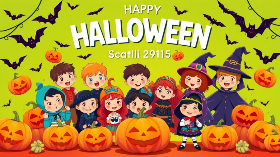 Colorful poster for Annual Halloween Extravaganza 2025 with children in costumes and decorations.