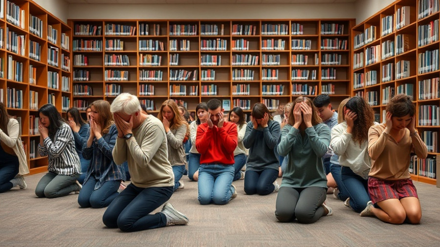 Great ShakeOut California earthquake drill participants kneeling indoors.
