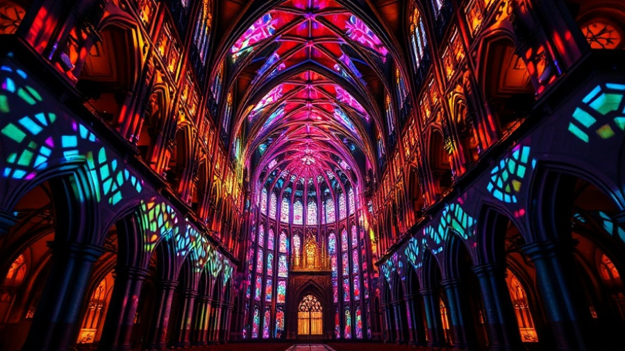 Vivid colors lighting up the cathedral's gothic arches in Aura Grace Cathedral Sound Experience.