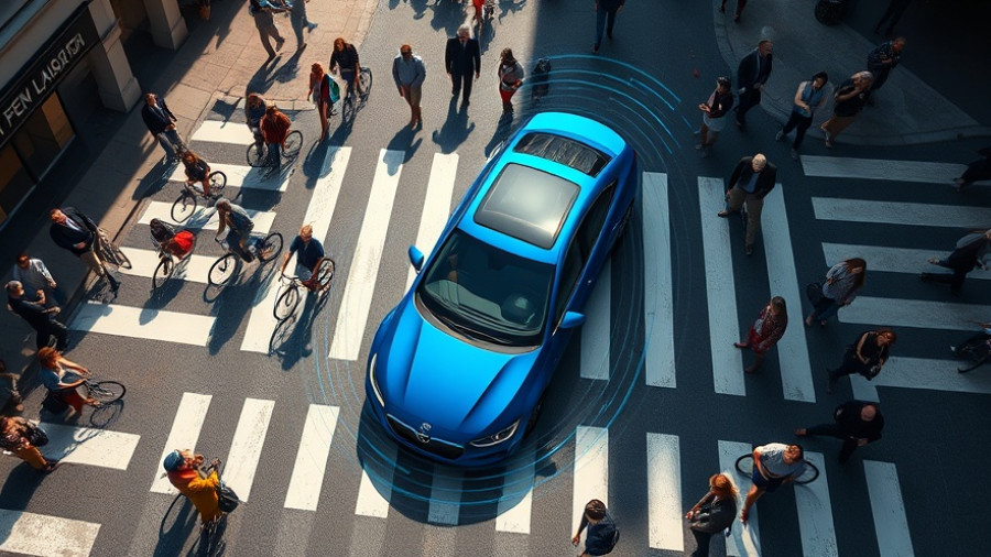 Blue car with detection waves at a crosswalk, illustrating automatic braking flaws.