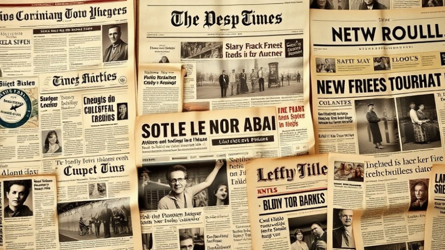 Vintage newspaper collage with various headlines and logos.