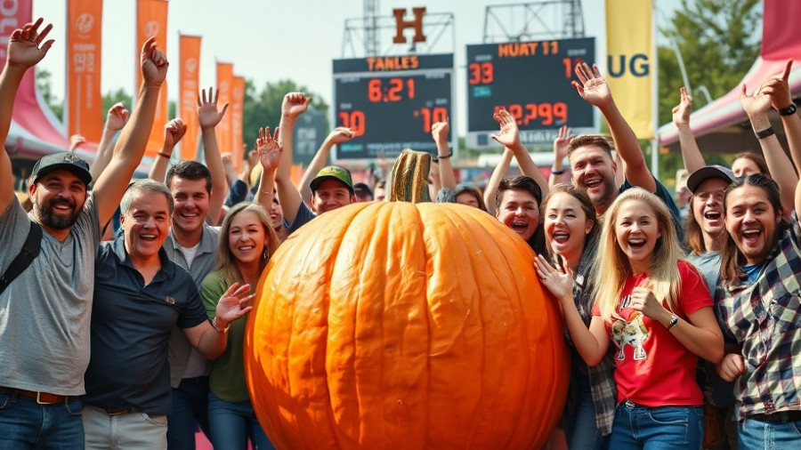 Excited group at California Engineer Pumpkin Contest celebrating with giant pumpkin.