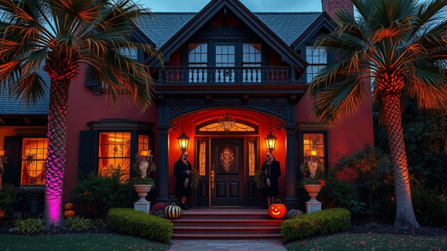 Halloween-decorated Victorian house entrance with spooky lights.