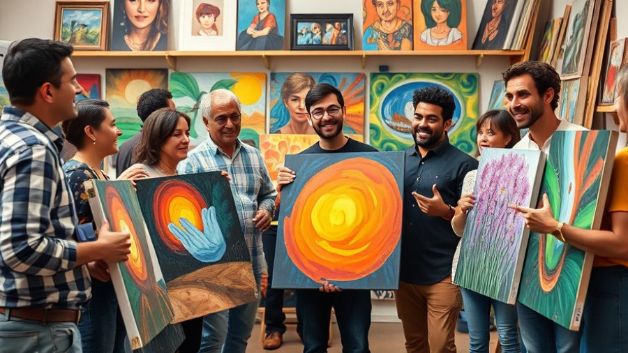 Artists displaying paintings in a gallery in San Francisco.