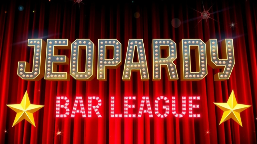 Jeopardy Bar League San Francisco flyer with red curtain and gold stars.