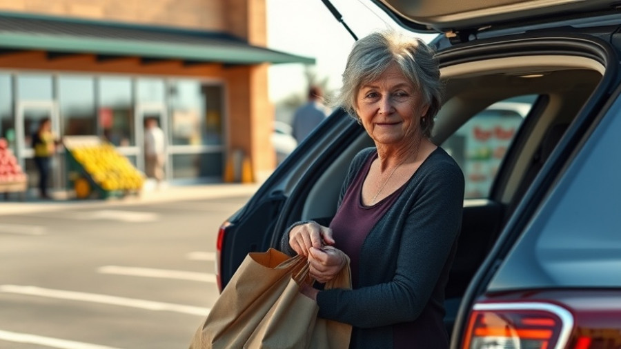 Woman using plastic bags for groceries in a sunny California parking lot.