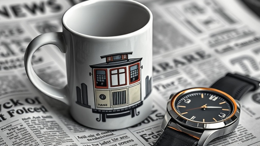San Francisco-themed mug on newspaper, transit news focus.