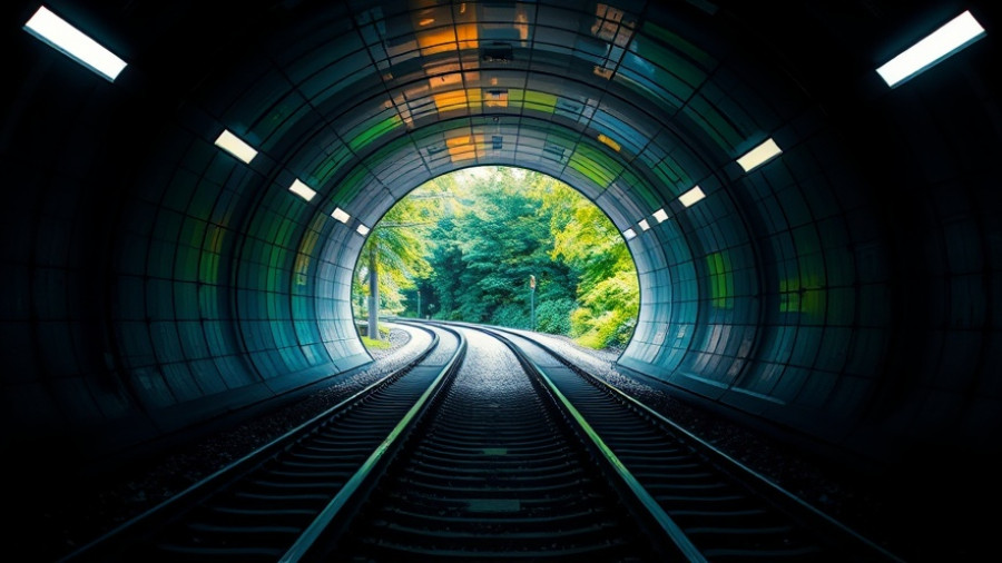 Futuristic railway tunnel with dynamic lighting, depicting the public transit future.