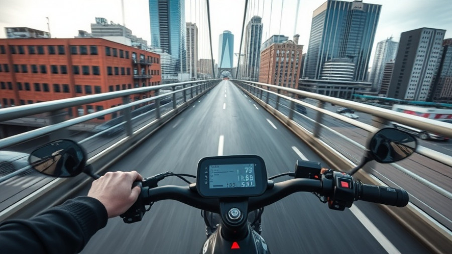 Riding an electric bike on city bridge, speed shown on dashboard.