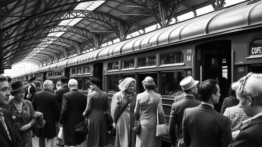 1940s commuters at vintage streetcars under transit station. Fund public transit.