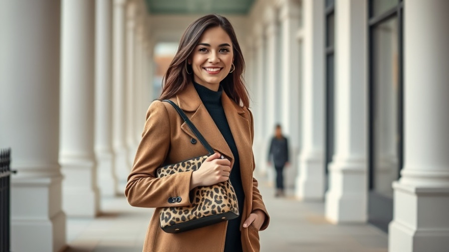 Elegant October fashion with leopard purse on London street.