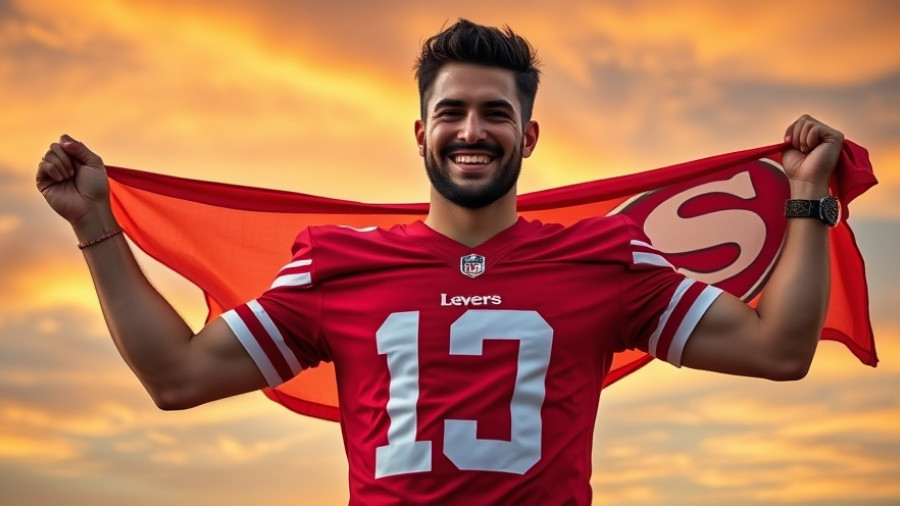 49ers and Breitling partnership: man in 49ers jersey holding flag and displaying watch.