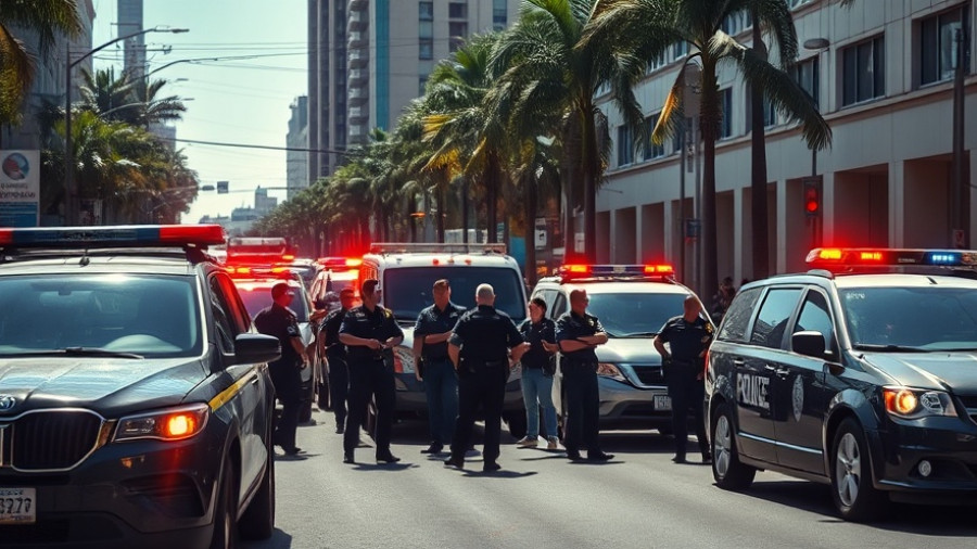 US Marshal incident in city with police tape and vehicles.