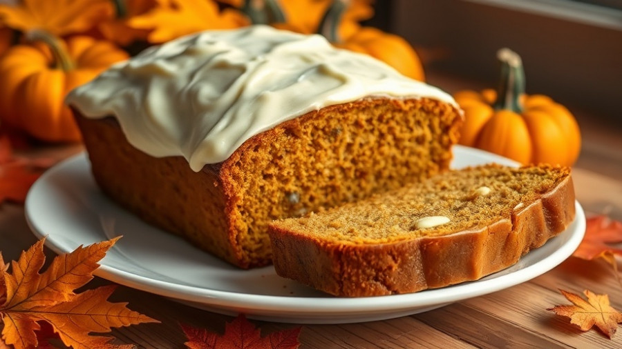 Pumpkin spice loaf with frosting and autumn decor, San Francisco.