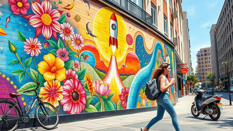 Vibrant urban mural with woman walking by, promoting affordable housing.