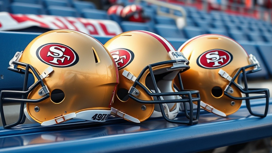 San Francisco 49ers helmets in an organized display on a bench.