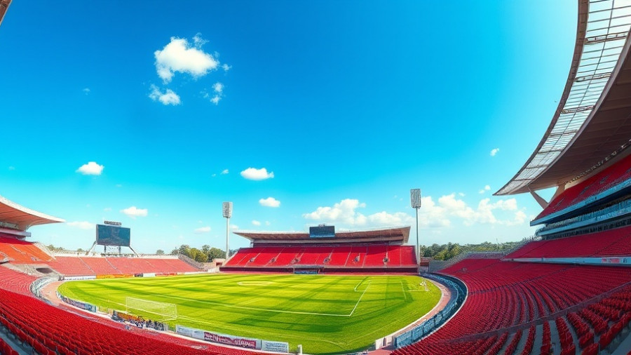 Panoramic view of Levi's Stadium with empty seats under blue sky