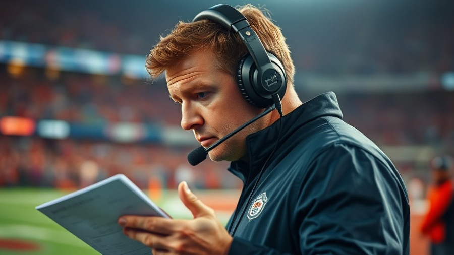 49ers Run Game Revival coach with headset and game plan.