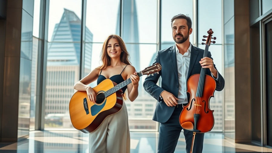 Musicians posing with instruments in front of SF skyline, free classical concerts downtown SF.